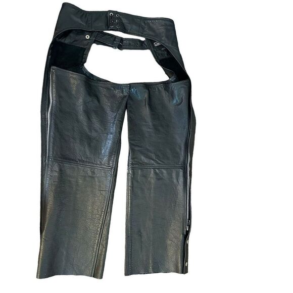 Leather Gallery Chaps Motorcycle Black Mens Size L Biker 37.5 In Total Length - Picture 2 of 11